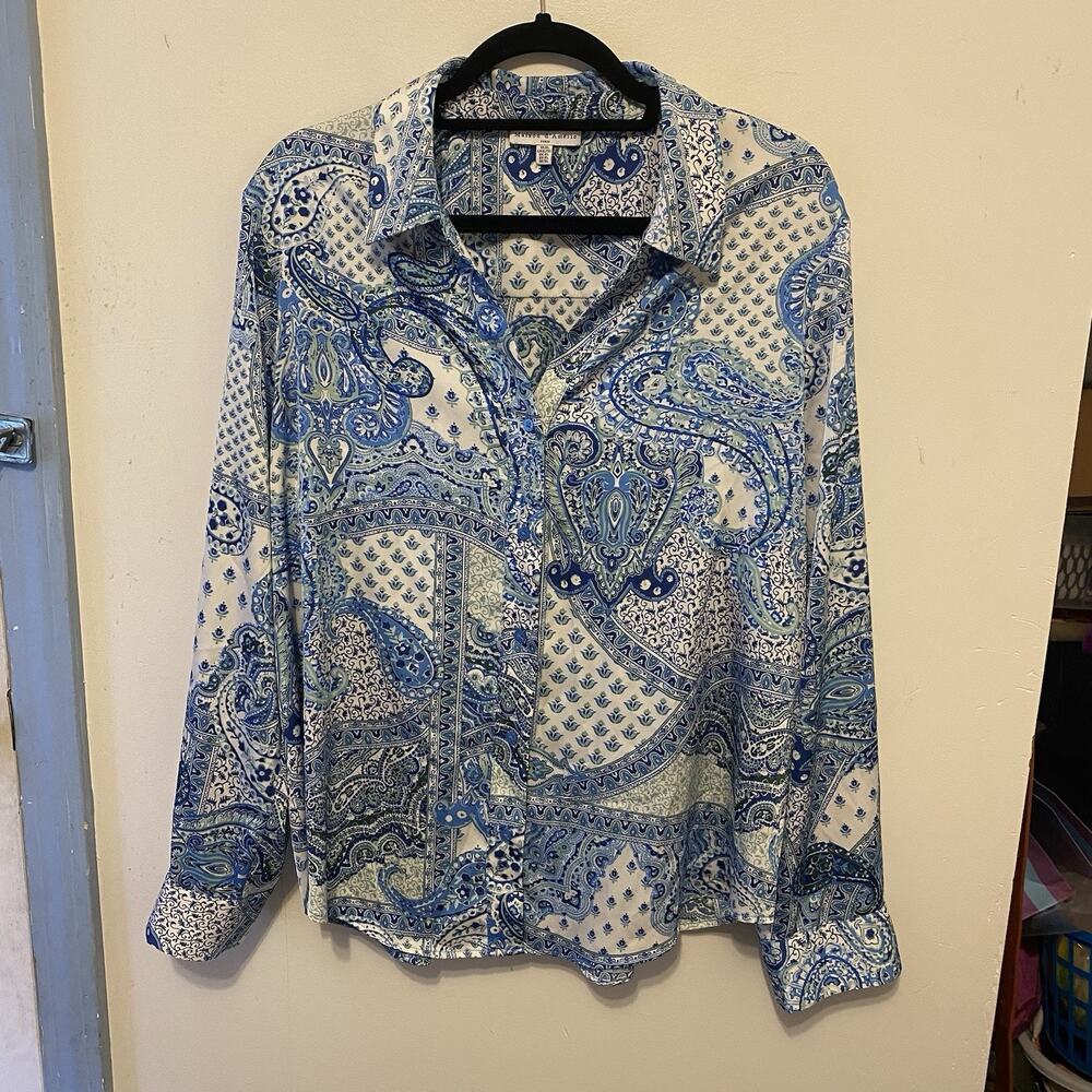 Maison D Amelie Women XL Long Sleeve Button Up Blouse Blue Paisley Largenlook - Picture 6 of 8